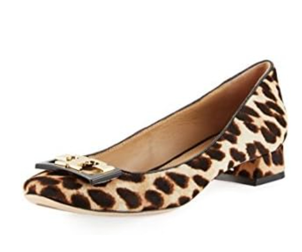 Tory Burch Gigi Leopard Calf Hair Block Heel Pumps Beige Black Women's Size 8